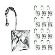 Sunlit Luxury Design Square Clear Diamond Crystal Gem Bling with Glide Balls Shower Curtain Hooks, Rust Proof Metal Rhinestones Glam Shower Curtain Rings-12 Pack